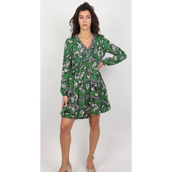 Anthropologie Robin Boho Tiered Ruffled V-Neck Dress Green Motif‎ Size Medium - Picture 2 of 11